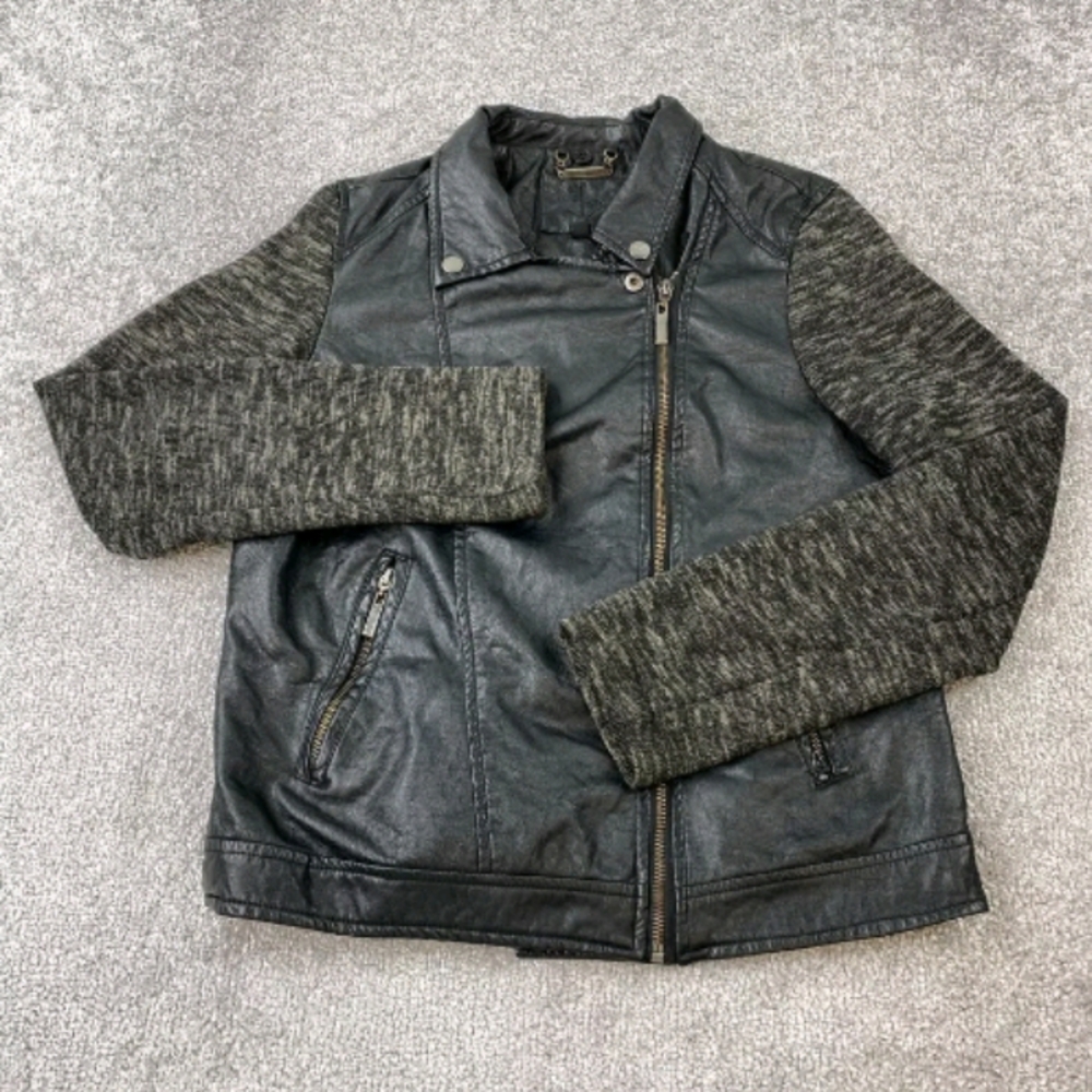 J2 Women's Large, Black With Gray Cloth Sleeves, Faux Leather Moto Jacket